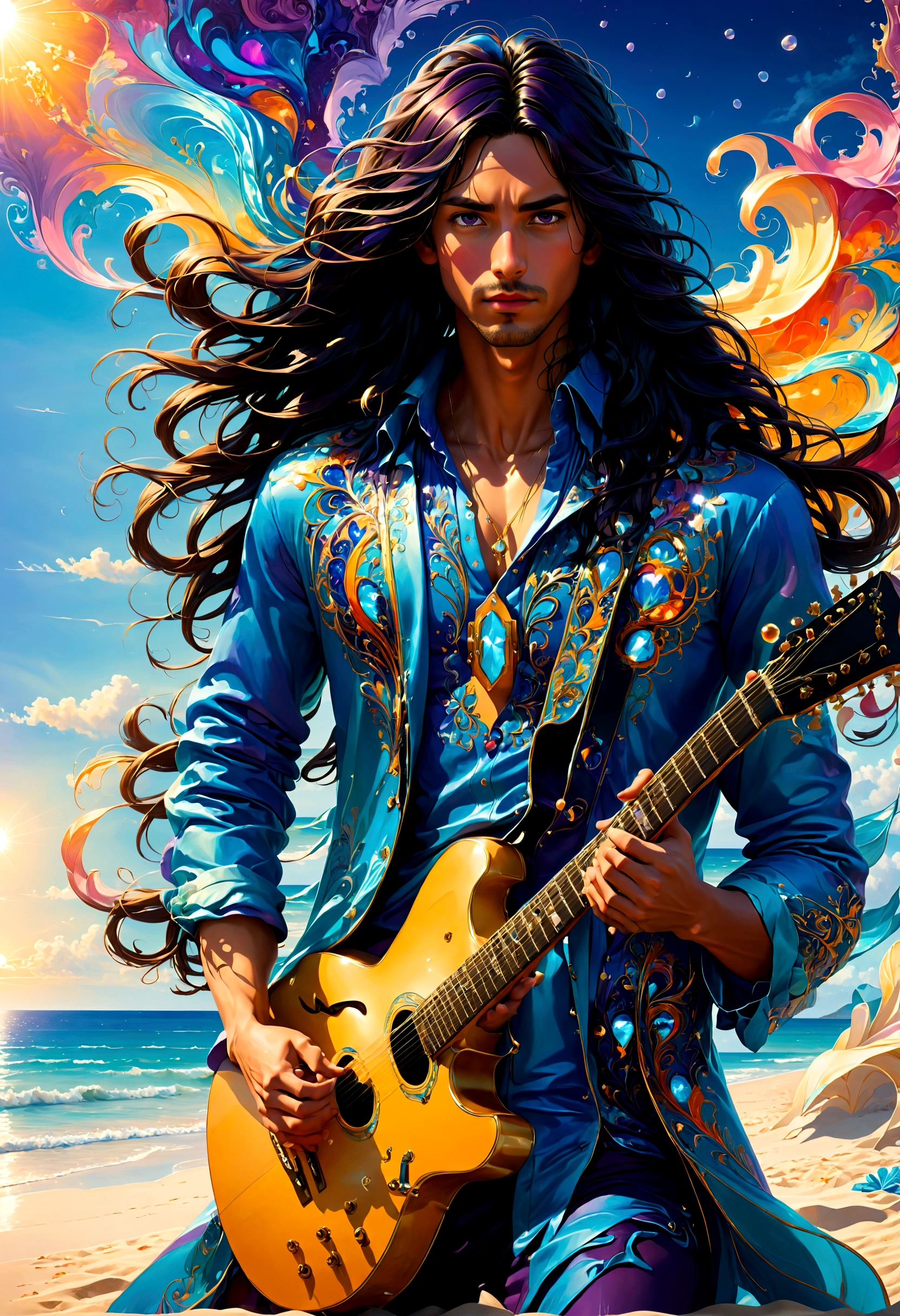 two couples in love kissing each other , the girl with purple dress and the men with blue clothes ,beachfront, lost os hearts in the sky ,best qualityer, work of art, very aesthetic, perfect composition, details Intricate, ultra detali