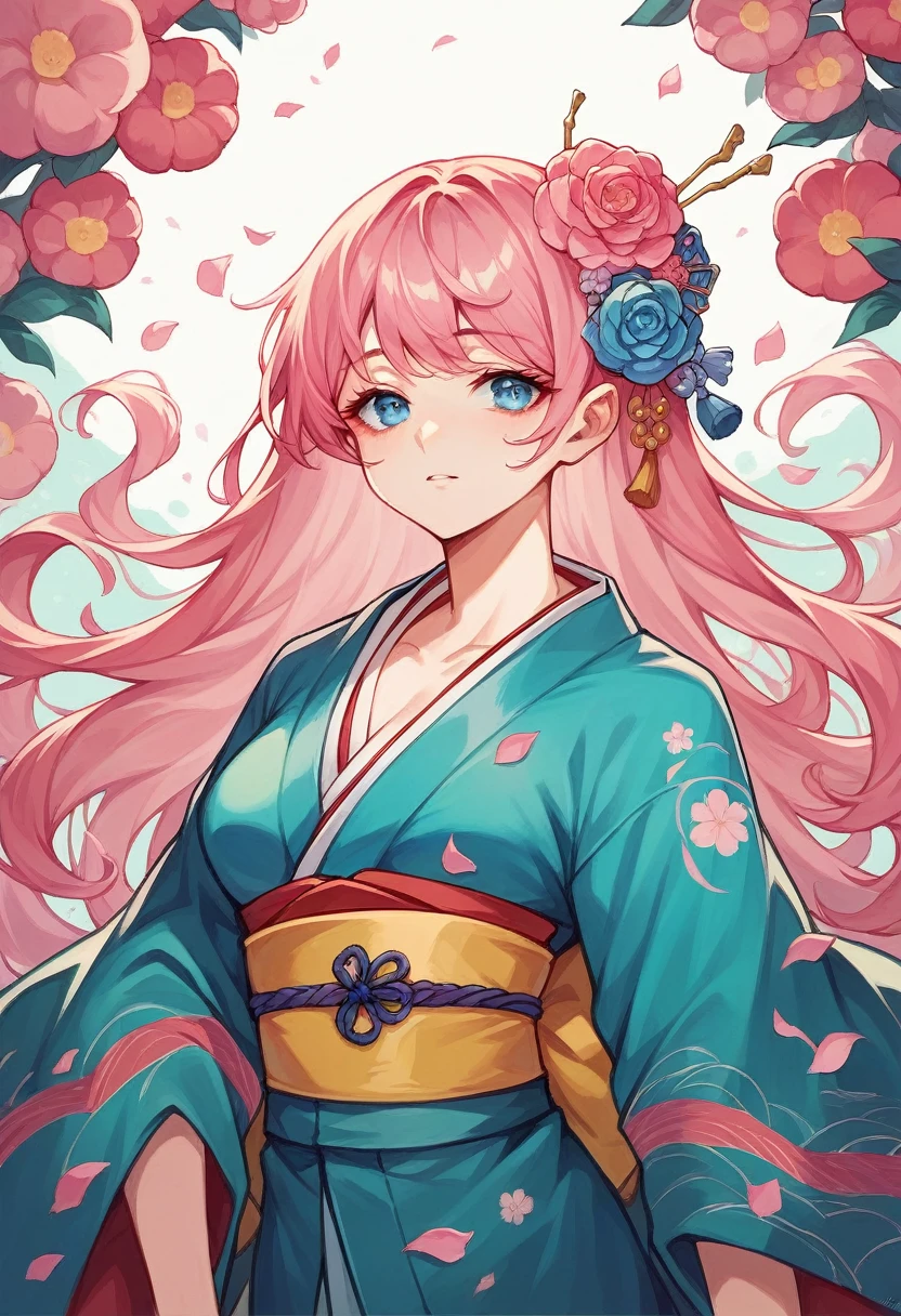 Illustrate a beautiful Japanese girl with flowing pink hair and expressive blue eyes, facing forward. She is dressed in a traditional kimono that is decorated with colorful flowers.