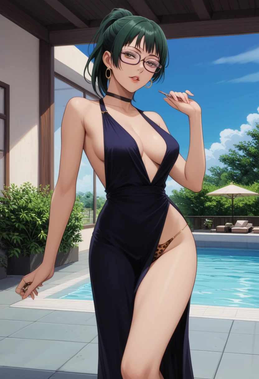 score_9_up, score_8_up, score_7_up, 1girl, solo, mature female, Maki, green ponytail  hair, yellow eyes, glasses, red lips, parted lips, fit slim body, perfect medium erected breast,(((highly detailed eyes))), (((dark blue evening dress with plunging neckline, golden earrings, golden rings, black choker with shining rhinestones))), (((white modern villa with panoramic windows, pool, sunset))), outdoors, looking at the viewer, perfect model body, (((pulled up her dress and showing her leopard thong under her dress))), (((from behind)))(((ass look)))