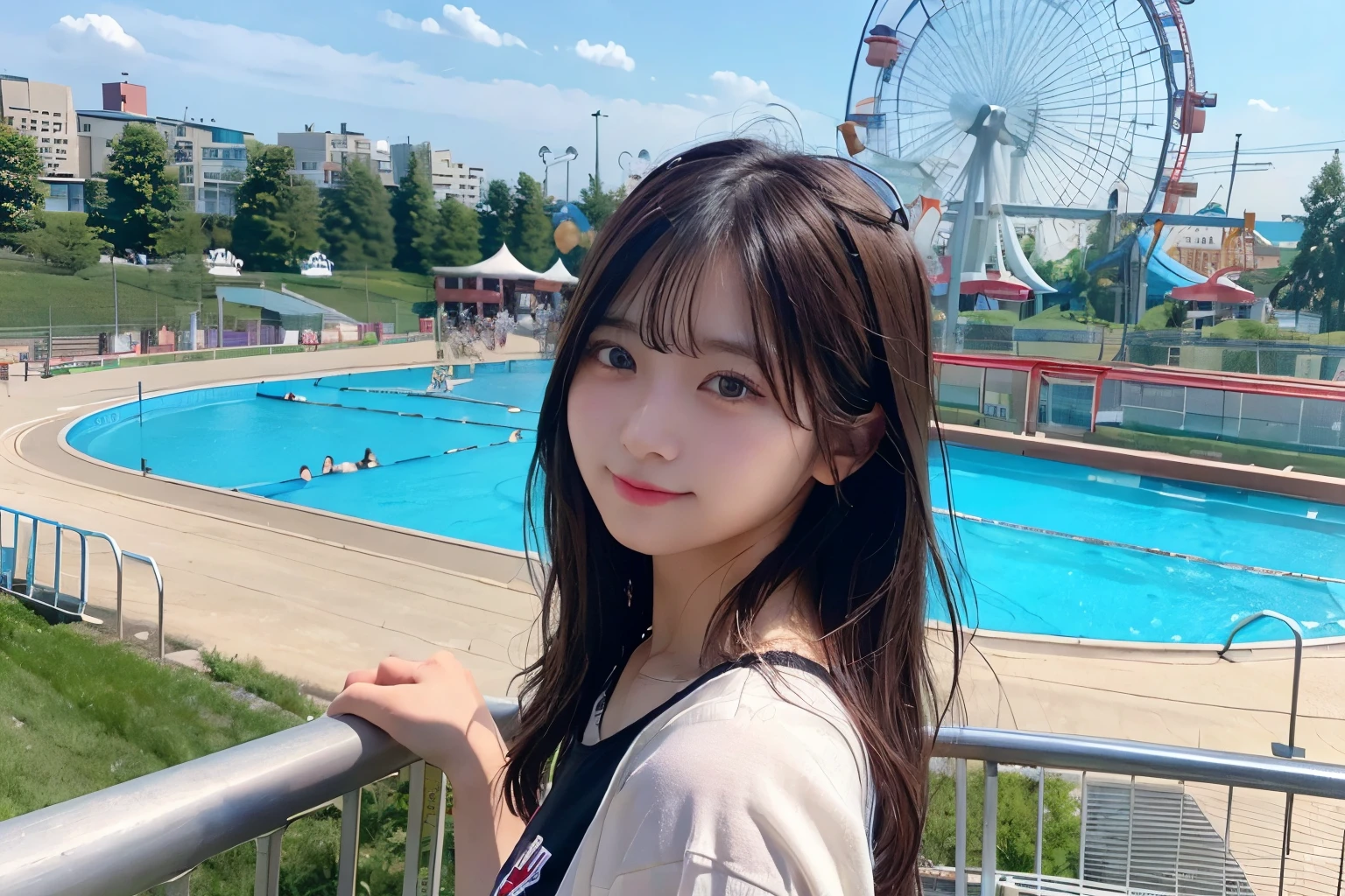 High-quality photos、Correct Anatomy、Amusement park on the hill、You can see the Ferris wheel、Large swimming pool、A high school girl in casual clothes returning from the pool、Semi-long hair、Dark Brown Hair、Beautiful black eyeature look、Looking at this、fine