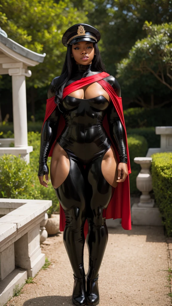 Light skinned black woman, big muscles, wearing black catsuit, police cap and red cape, standing in the garden of a temple, (((full body shots)))