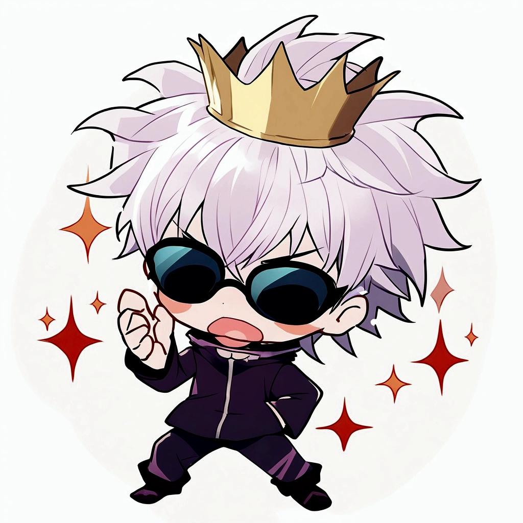 Make Gojo Satoru in a Raging pose, keep his crown.