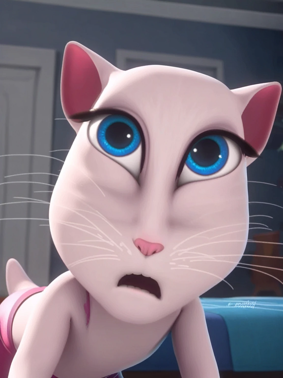 ,solo focus, a_la, 1girl, cat, white fur, long whiskers on both sides of the face, big bright blue eyes, big black eyelashes, small pink nose, triangular ears with pink ducts, has tights,fucking penis rapes, pulls, orgasms, lies on the bed , naked ass 