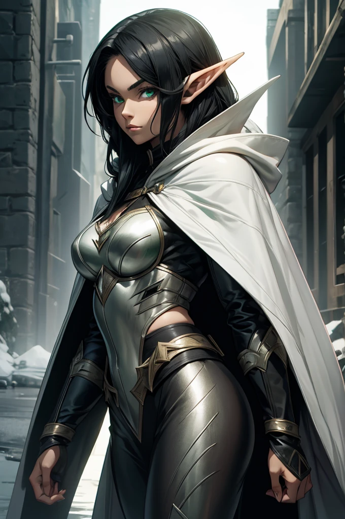 female elf rogue, Black hair, pointed ears, white skin, hooded cape, emerald eyes, black leather armor, full body art.
