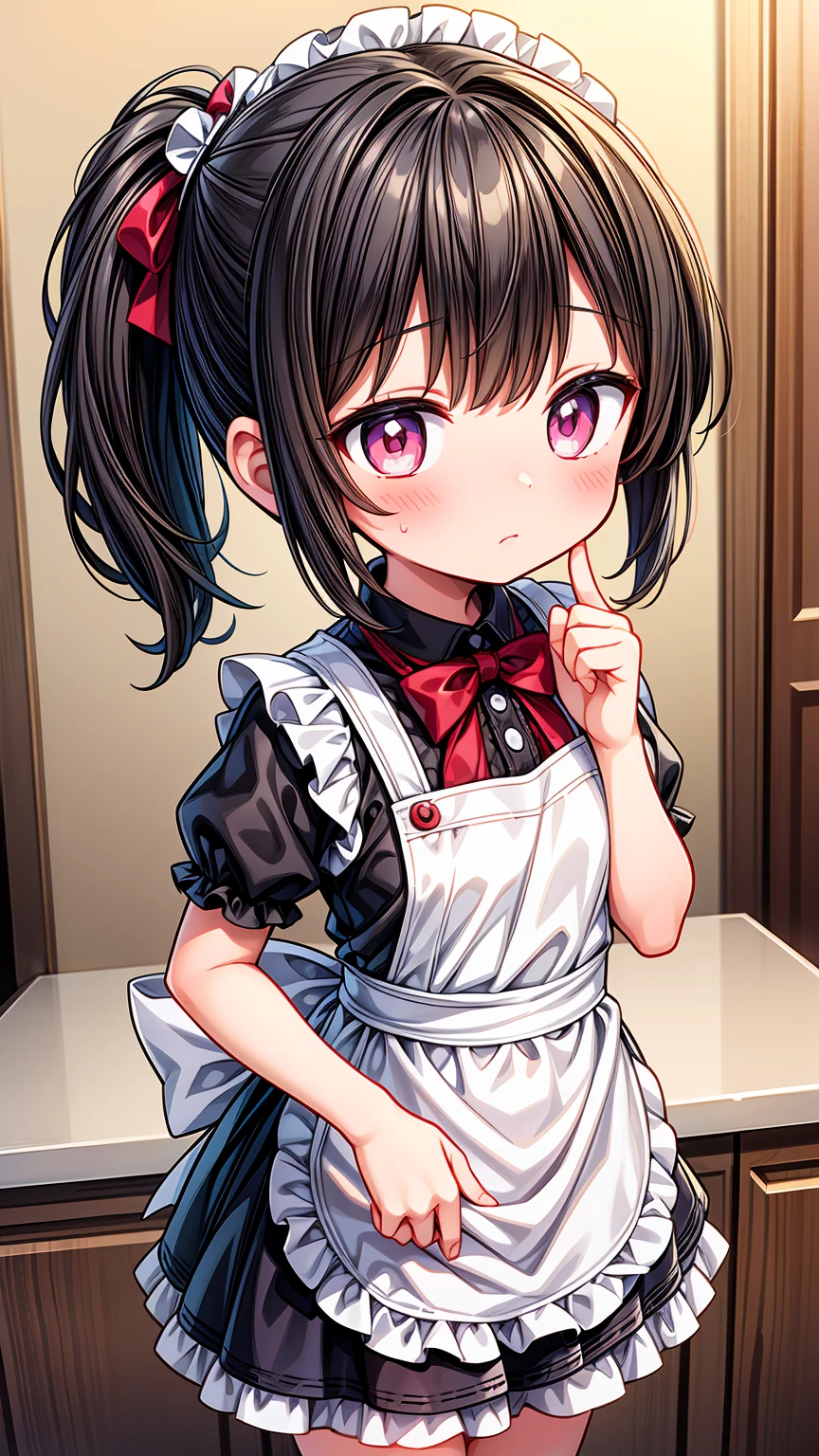 (8K, Highest image quality, highest quality, masterpiece, dynamic lighting), detailed face, ((loli)), ((girl)), (little curve), short black hair, one side ponytail hairstyle, pink eyes, ((very small bust)), (flat bust), (naked apron), cowboy shot, put your hand on your mouth, kitchen background, ((very blushing)), ((detailed hands and fingers)), viewer perspective from below, (blush), more detailed