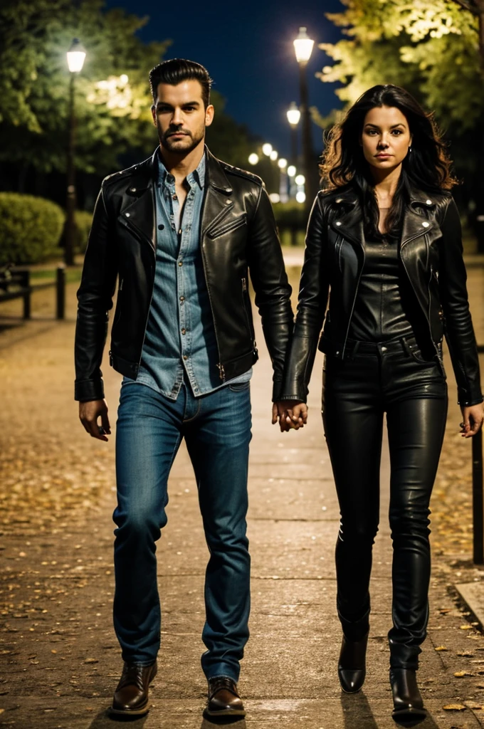 Man and woman walk side by side at night in a park. They wear rocker or leather and jeans