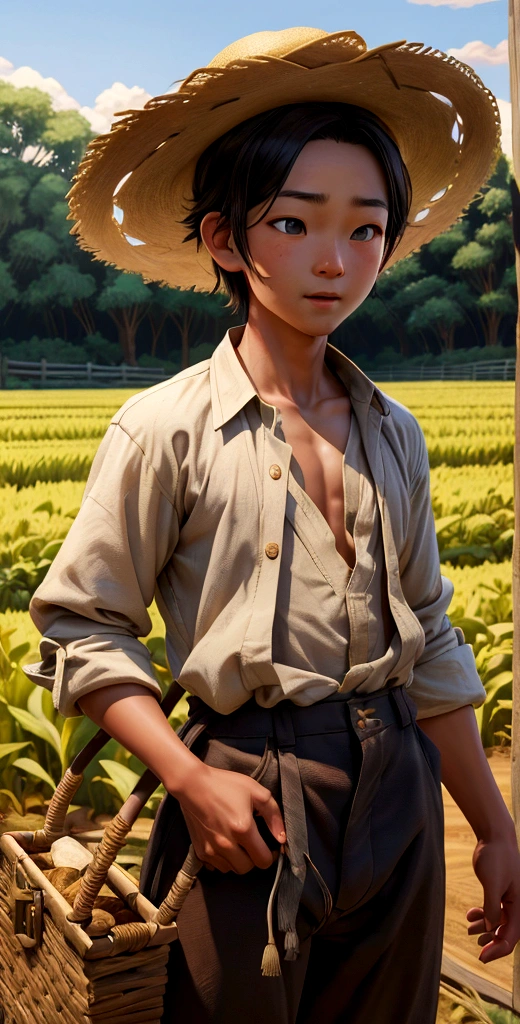 An image of Li, a young farmer wearing simple traditional clothes: a loose shirt, pants, and a straw hat, discovering a hidden treasure chest filled with gold coins in his field, with a surprised expression. Hyper realistic, 8K, full HD.