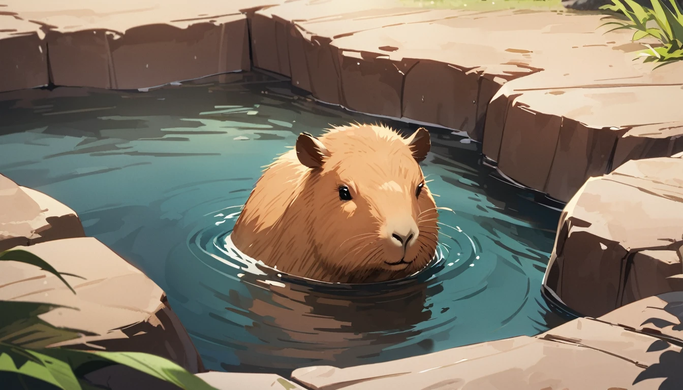 solo, , no humans, ， animal,capybara,animal focus, masterpiece, top quality，cute，detailed description，natural scenery，Soak in a hot spring