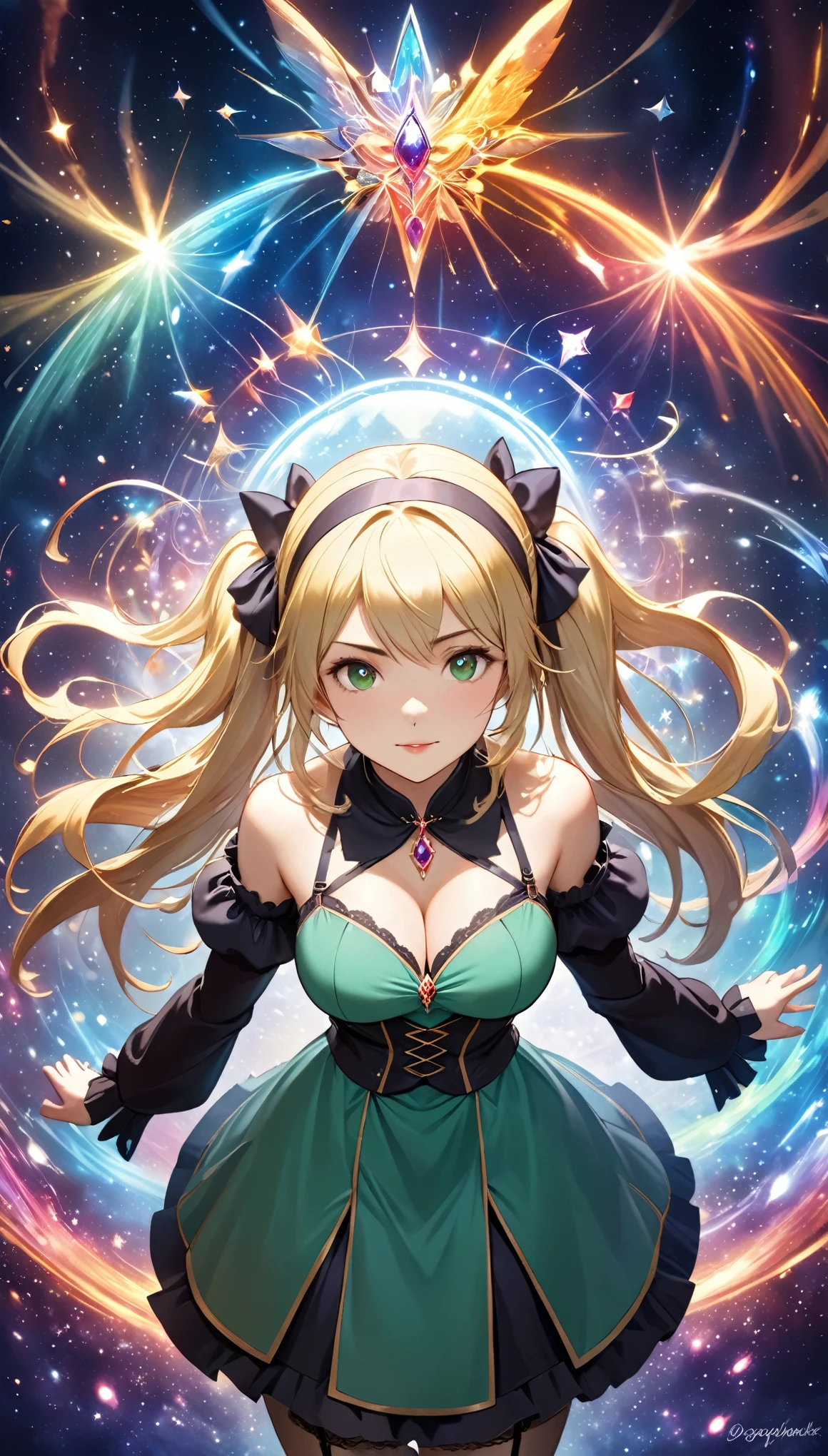 8K resolution, masterpiece, Highest quality, Award-winning works, unrealistic, Only sexy women, healthy shaped body, Age 25, White wavy long hair, twin tail, hair band, huge firm bouncing busts, witch, royal coat of arms, elegant, Very detailed, Digital Painting, artステーション, コンセプトart, Smooth, Sharp focus, shape, artジャム、Greg Rutkowski、Alphonse Mucha、William Adolphe Bouguereau、art：Stephanie Law , Magnificent cosmic background, Royal Jewel, nature, Full Shot, Symmetric, Greg Rutkowski, Charlie Bowwater, beep, Unreal 5, Surreal, Dynamic Lighting, ファンタジーart, Complex colors, カラフルなmagic陣, magic, Small face, Very delicate facial expressions, Delicate eye depiction, Upper body close-up,, erotic, dynamic sexy poses, One sexy woman, Healthy body shape, 24-year-old woman, doaxvv_marie rose, witch, Height: 170cm, big firm bouncing busts, , blonde very long wavy hair, twin tail,, Top view, Glaring at the camera, Looking up, Invincible laughter, A complex, gothic-style long dress, , Green long skirt, garter belt, Brown Loafers, Standing Alone