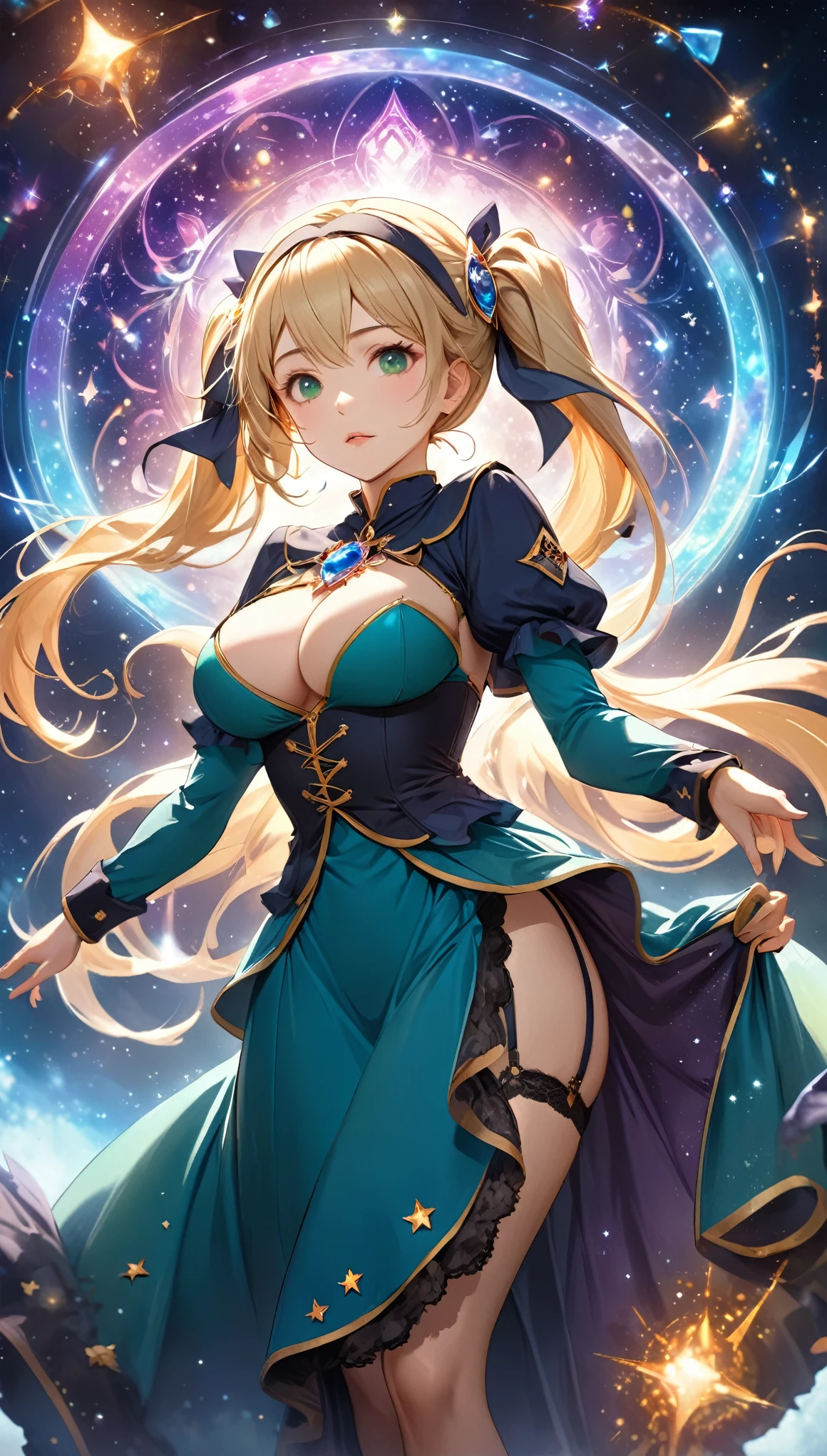 8K resolution, masterpiece, Highest quality, Award-winning works, unrealistic, Only sexy women, healthy shaped body, Age 25, White wavy long hair, twin tail, hair band, huge firm bouncing busts, witch, royal coat of arms, elegant, Very detailed, Digital Painting, artステーション, コンセプトart, Smooth, Sharp focus, shape, artジャム、Greg Rutkowski、Alphonse Mucha、William Adolphe Bouguereau、art：Stephanie Law , Magnificent cosmic background, Royal Jewel, nature, Full Shot, Symmetric, Greg Rutkowski, Charlie Bowwater, beep, Unreal 5, Surreal, Dynamic Lighting, ファンタジーart, Complex colors, カラフルなmagic陣, magic, Small face, Very delicate facial expressions, Delicate eye depiction, Upper body close-up,, erotic, dynamic sexy poses, One sexy woman, Healthy body shape, 24-year-old woman, doaxvv_marie rose, witch, Height: 170cm, big firm bouncing busts, , blonde very long wavy hair, twin tail,, Top view, Glaring at the camera, Looking up, Invincible laughter, A complex, gothic-style long dress, , Green long skirt, garter belt, Brown Loafers, Standing Alone