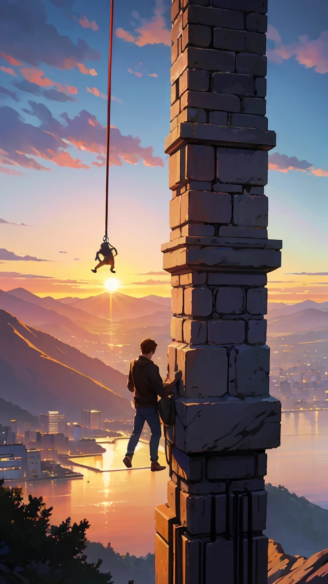 Desperate young man reaches out to save his mother, A person dangling precariously from the edge of a cliff. The background is a mountain view at sunset, Dark clouds are gathering on the horizon, Creates tension and drama.