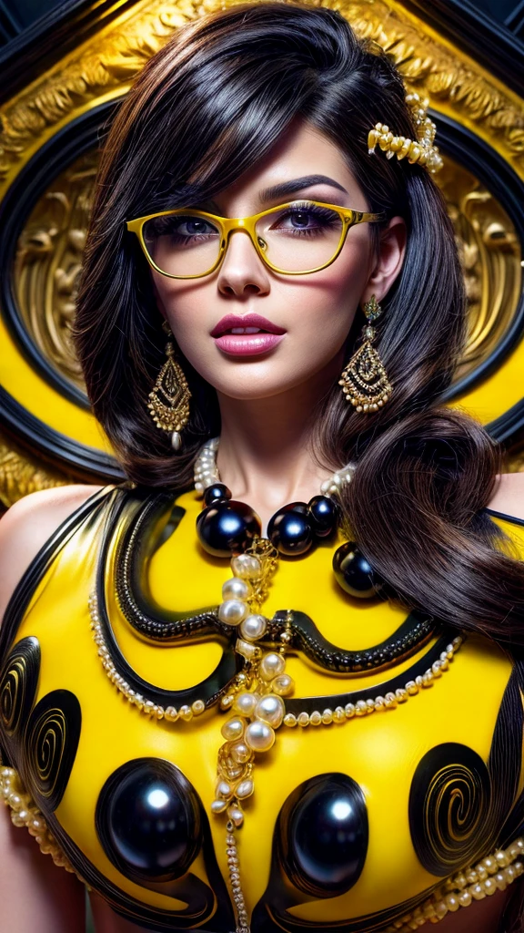 Beautiful brunette with black hair with pearls for advertisement of stylish glasses with yellow frames, swirly vibrant colors, hyper realistic art in 4k, hyper realistic hair