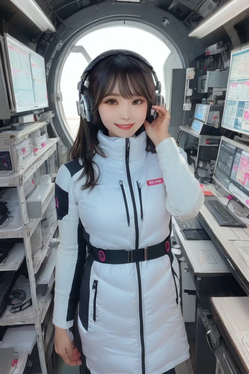 masterpiece, Highest quality, Very detailed, 8K Portrait,Japanese Android Girl,plump , Control panel,Robotic arms and legs, Blunt bangs,,break (Metallic Gray, Metallic luster, Mirror finish, Astro Best):5,headphone:5,break (Black sleeves):100,Smart Watches,Futuristic space station,Control Room,break headphone,blue eyes,(Black Hair):2,(Long Hair):1.3,Displaying the viewer,(respirator),break blush:3,Hidden Hand,smile