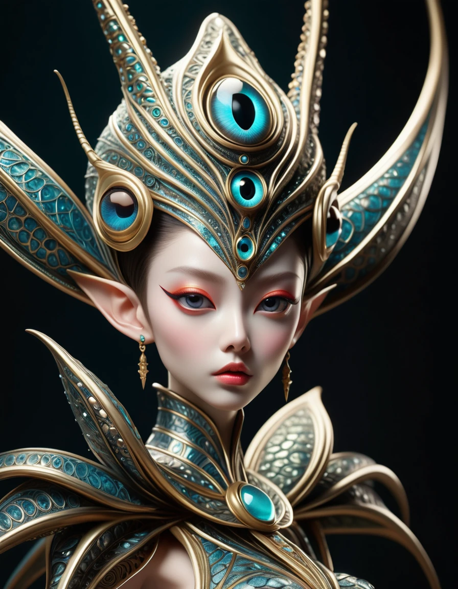 An otherworldly creature with large, expressive eyes and long, thick eyelashes stands in a dramatic pose, leaning forward slightly. This skinny being is adorned in an elaborate, oversized outfit that contrasts sharply with its slender frame. The scene is rendered in striking 3D, capturing every intricate detail of the creature's unique appearance and attire. The creature's big eyes seem to shimmer with an inner light, drawing the viewer into its mysterious, alien presence.