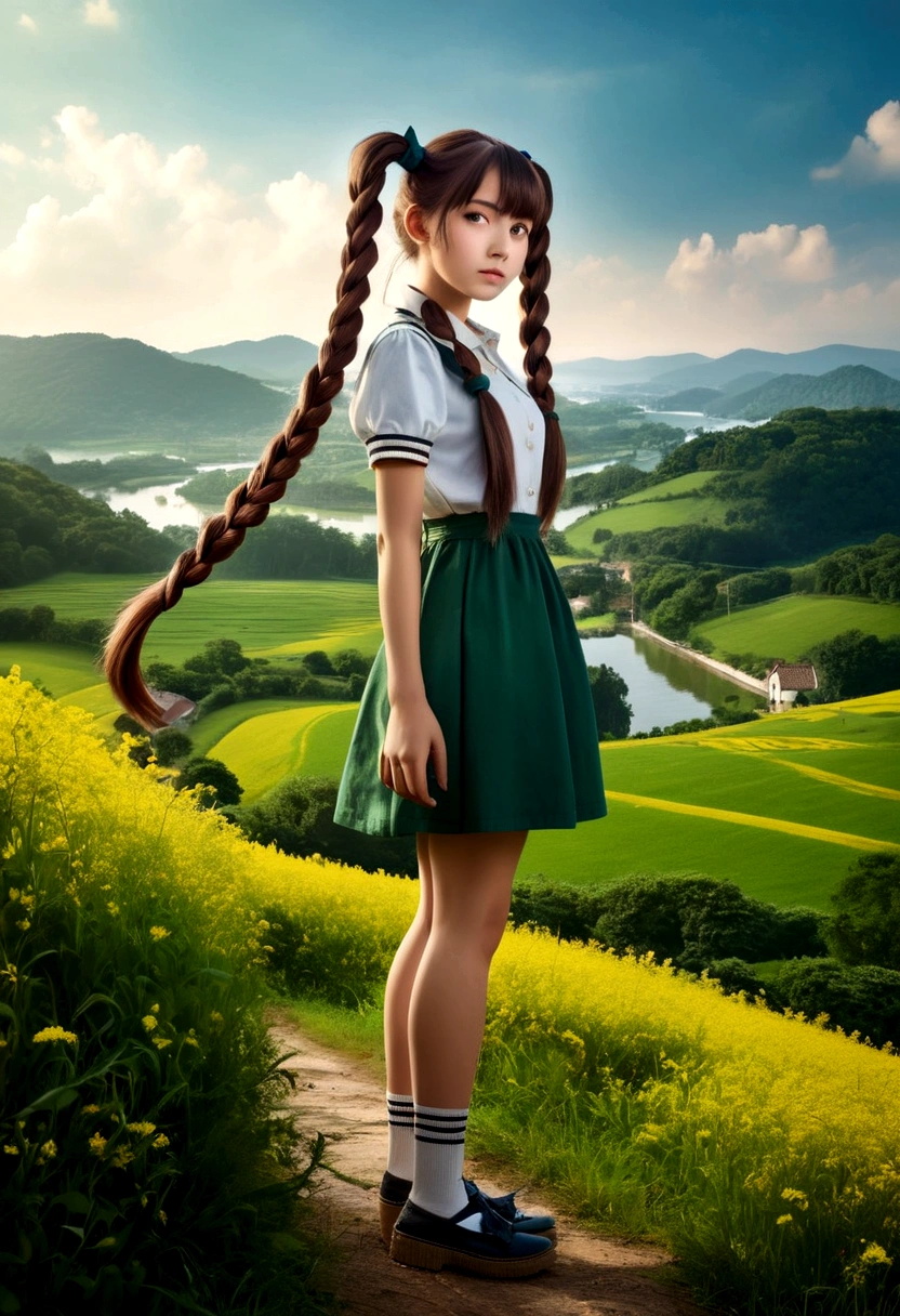 (girl, Twin Tails), A girl in the sunshine, wearing a dress and a pair of ponytails, is happily chasing flying butterflies in the bright sunshine. Her smiling face is filled with happiness, and the camera is taken of her whole body. The background is a fresh natural scenery, full body, (Photography, Raw photo), panoramic view, award-winning, cinematic still, emotional, vignette, dynamic, vivid, (masterpiece, best quality, Professional, perfect composition, very aesthetic, absurdres, ultra-detailed, intricate details:1.3)