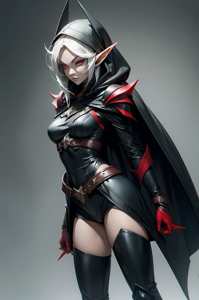 female elf rogue, Black hair, pointed ears, white skin, sinister black hooded cape, red eyes, leather armor, full body art.