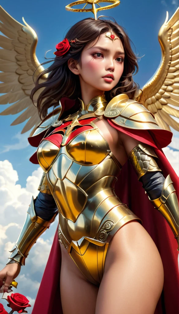 ((Armed with a huge and heavy scepter)), (Picturesque heavy golden armor), Extra thick helmet，There are small wings on both sides, (Wrap the whole body), ((Red Cape)), ((beautiful woman Brazilian six-winged battle angel)), pretty face, ((half turtle)), ((laments)), (Thick clouds at her feet))), (((Rising rose petals))), stereoscopic perspective , Masterpieces, (((face detail)), ultra-detailed, 16K resolution, high quality, Cinema lighting, High image detail, Dynamic perspective, (depth of fields), A detailed, Epic photos