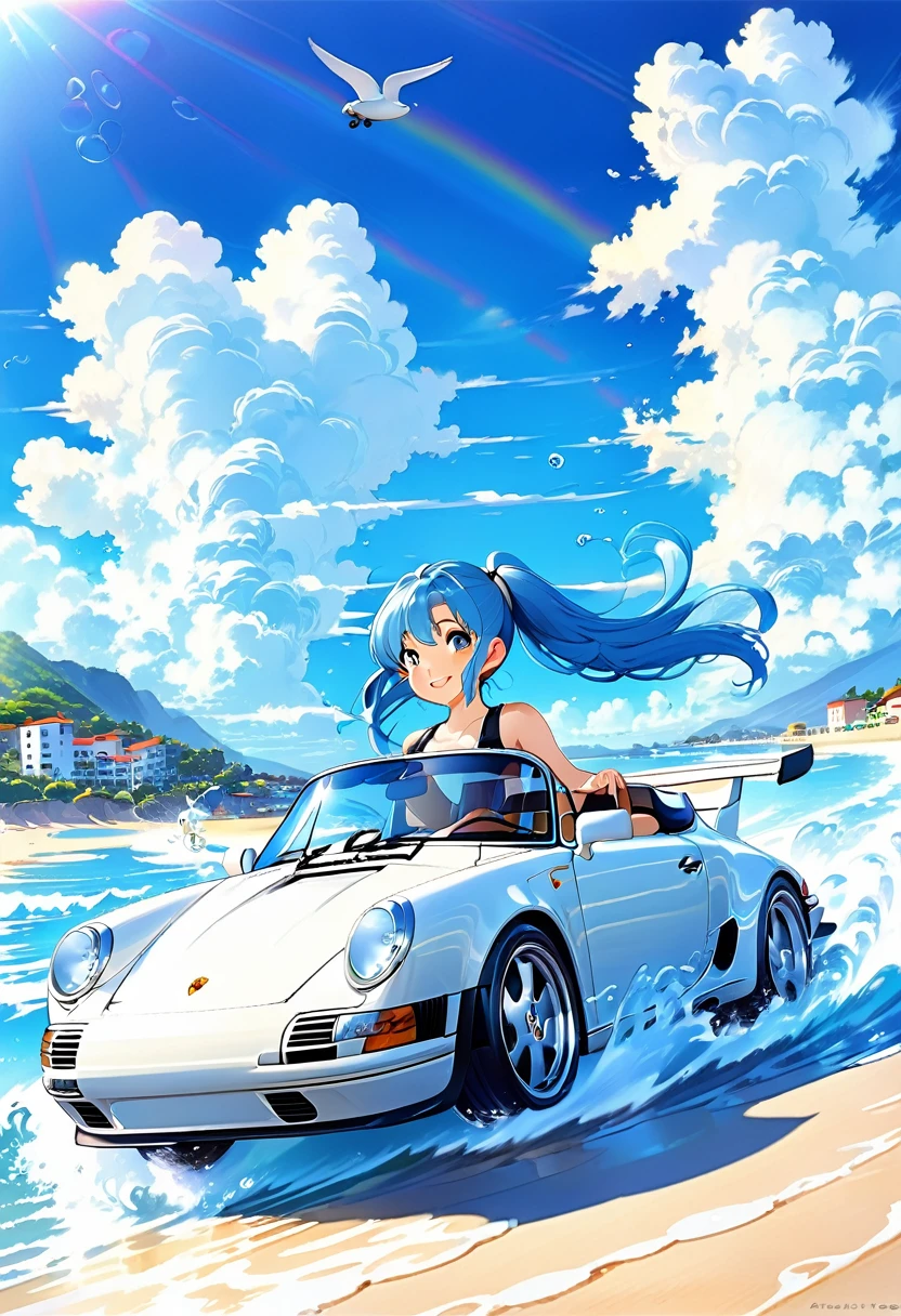 Driving a white Porsche along the beach、Blue long hair、Beautiful girl with twin tails、Splash art of water flying up、blue sky、White cloud、Bright smile、Seaside scenery