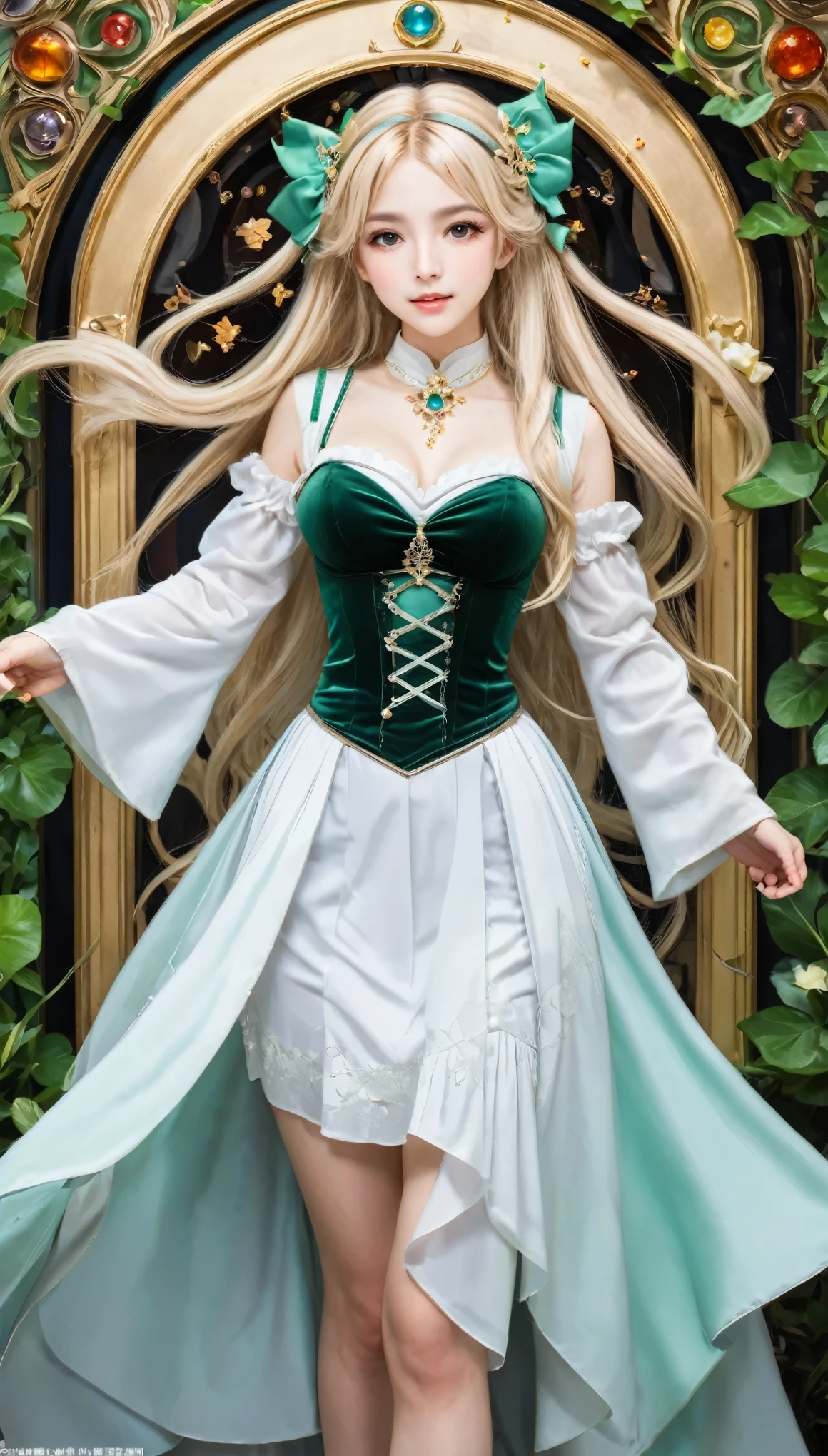 8K resolution, masterpiece, Highest quality, Award-winning works, unrealistic, Only sexy women, healthy shaped body, Age 25, White wavy long hair, (twin tail:1.1), hair band, huge firm bouncing busts, witch, royal coat of arms, elegant, Very detailed, Digital Painting, artステーション, コンセプトart, Smooth, Sharp focus, shape, artジャム、Greg Rutkowski、Alphonse Mucha、William Adolphe Bouguereau、art:Stephanie Law , Magnificent cosmic background, Royal Jewel, nature, Full Shot, Symmetric, Greg Rutkowski, Charlie Bowwater, beep, Unreal 5, Surreal, Dynamic Lighting, ファンタジーart, Complex colors, カラフルなmagic陣, magic, Small face, Very delicate facial expressions, Delicate eye depiction, Upper body close-up,, erotic, dynamic sexy poses, One sexy woman, Healthy body shape, 24-year-old woman, doaxvv_marie rose, witch, Height: 170cm, big firm bouncing busts, , blonde very long wavy hair, twin tail,, Top view, Glaring at the camera, Looking up, Invincible laughter, A complex, gothic-style long dress, , Green long skirt, garter belt, Brown Loafers, Standing Alone