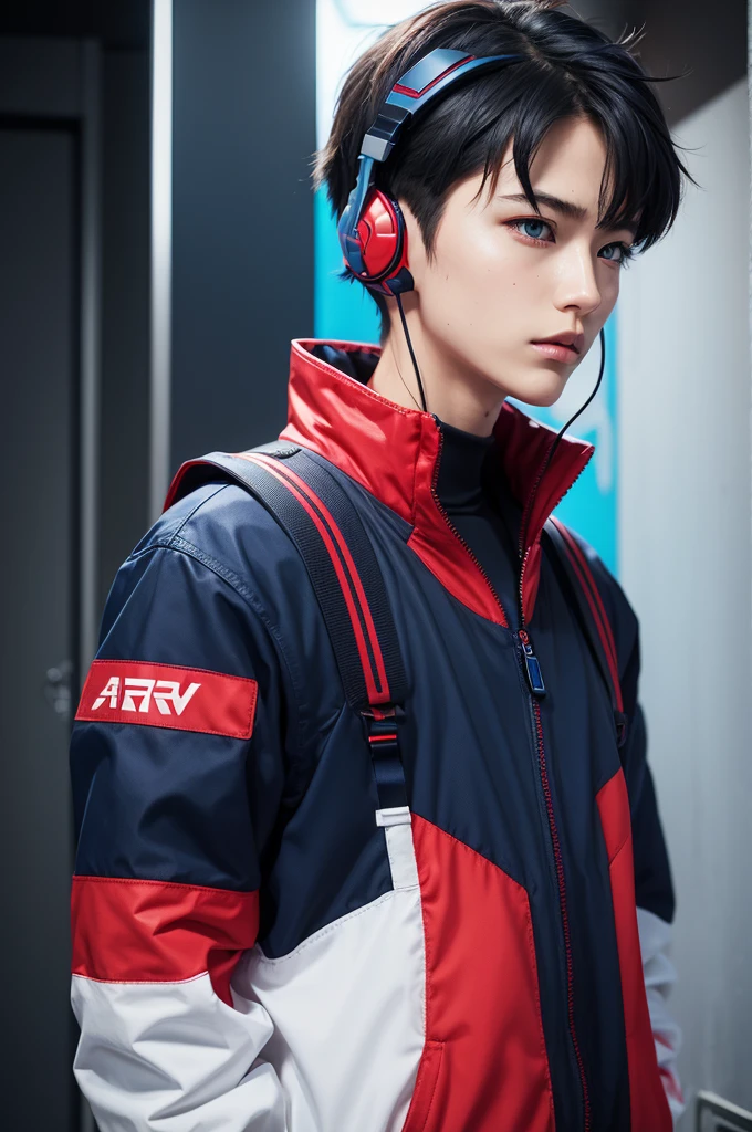 create a navy blue evangelion with scarlet red accents using wing-shaped cyber headphones and shoulder speakers 