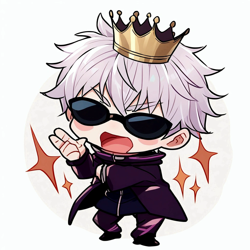 Make Gojo Satoru in a questioning pose, keep his crown.
