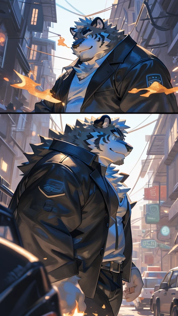 Lonely, ((spongy fur, spongy, furry body)), detailed spongy fur, delicate face, delicate Look like, dynamic poses, (ultra detailed), clear focus, genji, Look like, furry, (gray-black fur:1.5), White beard, human nature (black tiger), Chest hair，male, middle aged, white belly, Increase chest muscles.(((muscular))), rest ((black jacket，White T-shirt,)), ultra delicate face, high detail, high quality, (Best Quality,4k,8k,high resolution,Masterpiece:1.2), (close up:1.3), author：Takemoto Arashi, The bullshit plant, author：The ghost of the void, From raccoon21, dynamic lighting, SMILE, (whole body:1.4), looking at the audience, eternity, close up肖像, indoorhigh resolution, magic, Symbols，street, futuristic city,.