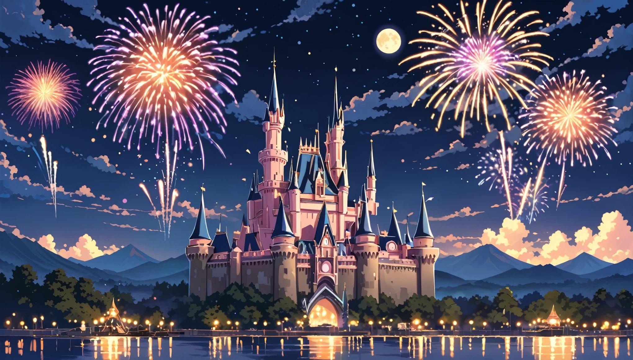 ((Anime: 1.4, Illustration)), (Masterpiece, Top Quality, Best Quality), (Ultra-Detailed, Absolutely Resolution), ((16k, HIGH RES)) (Cinderella Castle, Fireworks, Night View, Moon) ), ( Anime: 1.4, Illustration)), (Masterpiece, Top Quality, Best Quality), (Ultra-Detailed, Absolutely Resolution). Ak {Lofi Art, Style of Laurie Greasley, Style of Makoto Shinkai, Anime Aesthetic}, BREAK {(Produces IMAGES WITH ITH INFORMATION THAN 40 Million Pixels with Cinematic-Like Detailed Textures S Hot on a Sony slur).}
