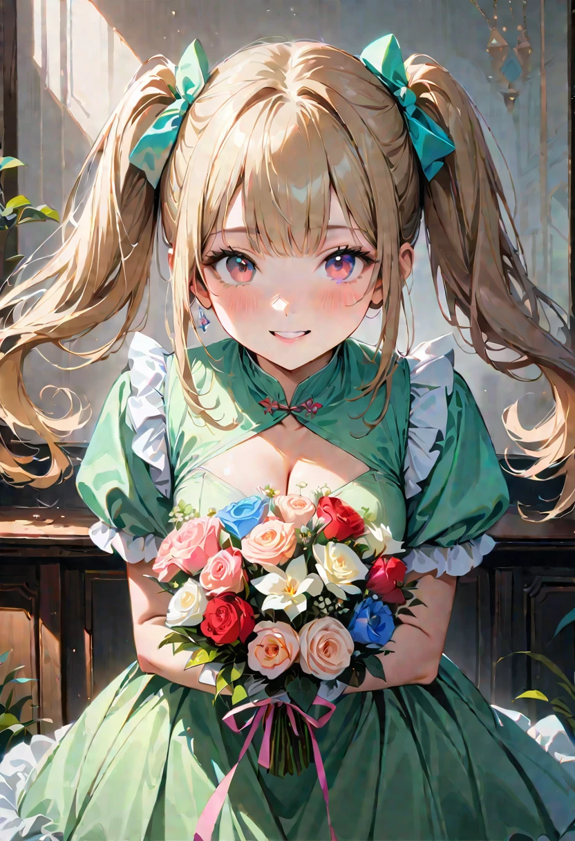 20 years old,1 girl,hyperrealistic, 8k, (extremely detailed 8k), (very delicate and beautiful), (masterpiece), (better quality:1.0), (ultra high resolution:1.0), (masterpiece, best quality), cute,blonde, cutout,(broen dress:1.3),(crop top navel:1),gleaming skin,twintails,twin bun,a pink ribbon on the head,long hair,pastel green frill Chinese-made dress,white long gloves,delighted,pink border,hold a bouquet of flowers,from the front,a bunch of flowers,POV,bust shot,white frill,puffy sls