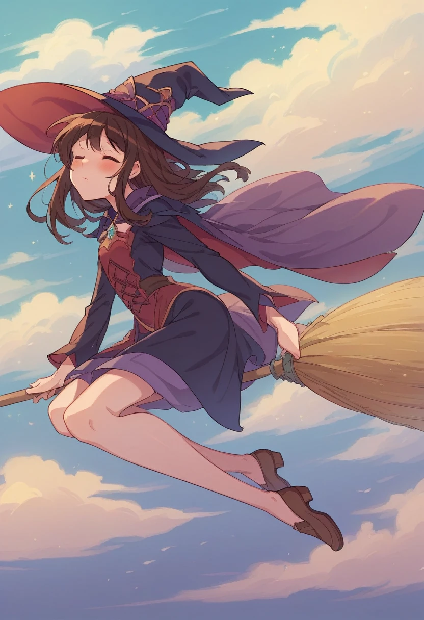 ((((空を飛ぶwitch))),((Ride a broom)),Straddling a broom,Fantasy,Beautiful light and shadow,Anatomically correct,masterpiece,Highest quality,最高masterpiece,8K,Use of magic,witch:witchの帽子:witchの衣装:Familiar,Wind,Fantasy,wonderful,An illustration,Digital Art,wonderful,wonderful,カラーAn illustration,Rich colors,Blushing,Eyes closed,Mouth closed