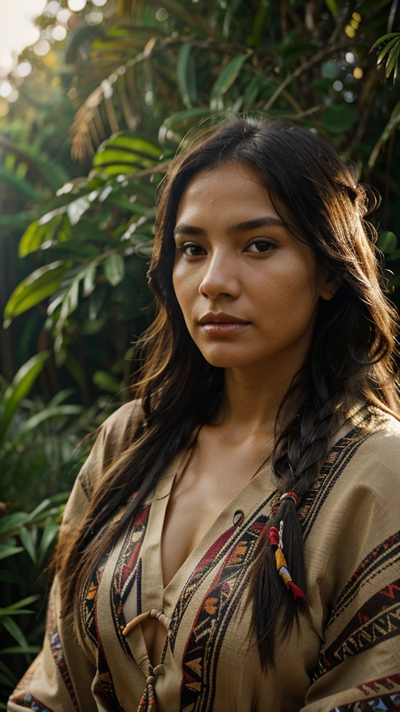 Very beautiful native american woman, traditional cloths, Sharp focus, hyper realistic, evening sunshine, jungle, close-up,