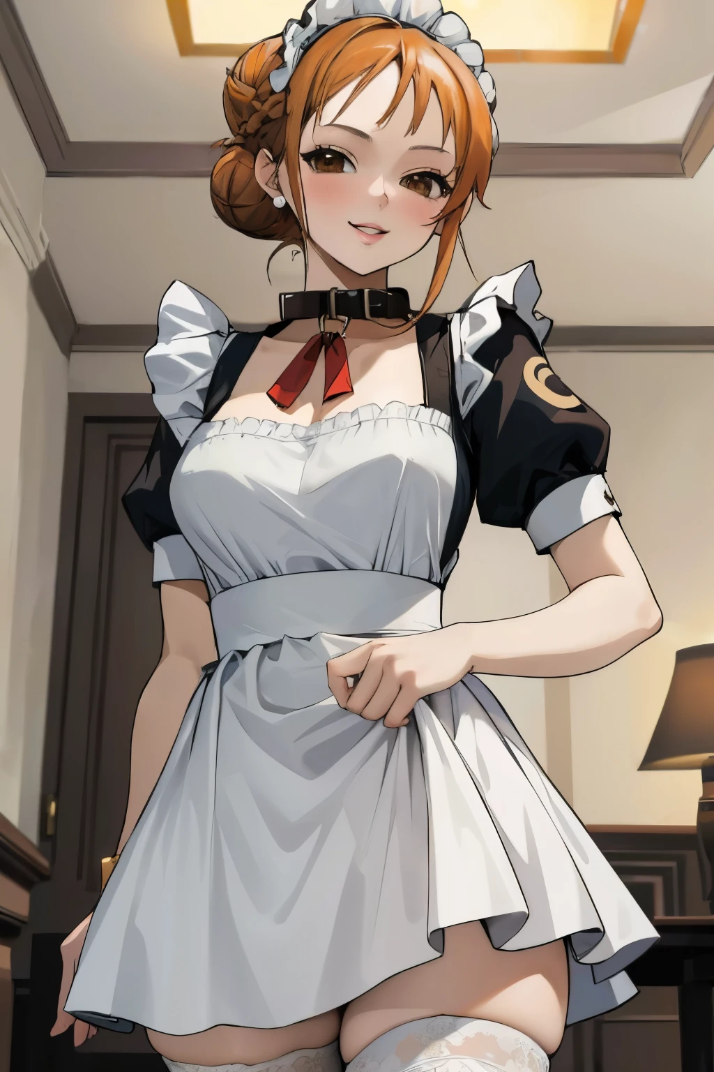 masterpiece, best quality, ultra-detailed, 1girl (namiop, Big and pretty breasts, jewelry, earrings, dog collar, orange hair, hair bun, single hair bun, brown eyes), a seductive face, smile, makeup, glow lips, facing viewer, looking at viewer, solo, maid(black), frill, apron, maid headdress, white lace thighhighs, mini skirt, wanostyle, night time, in the livingroom, standing, Sexy waist teasing, from_below 