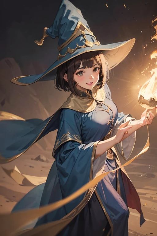 A bobcut brunette adult female wizard standing on the ground, wearing long loosely draped blue robe and an oversized wizard's hat, medieval, brown hair, large long shaped tits, silly personalty, cute happy demeanor, sunny disposition, deredere,