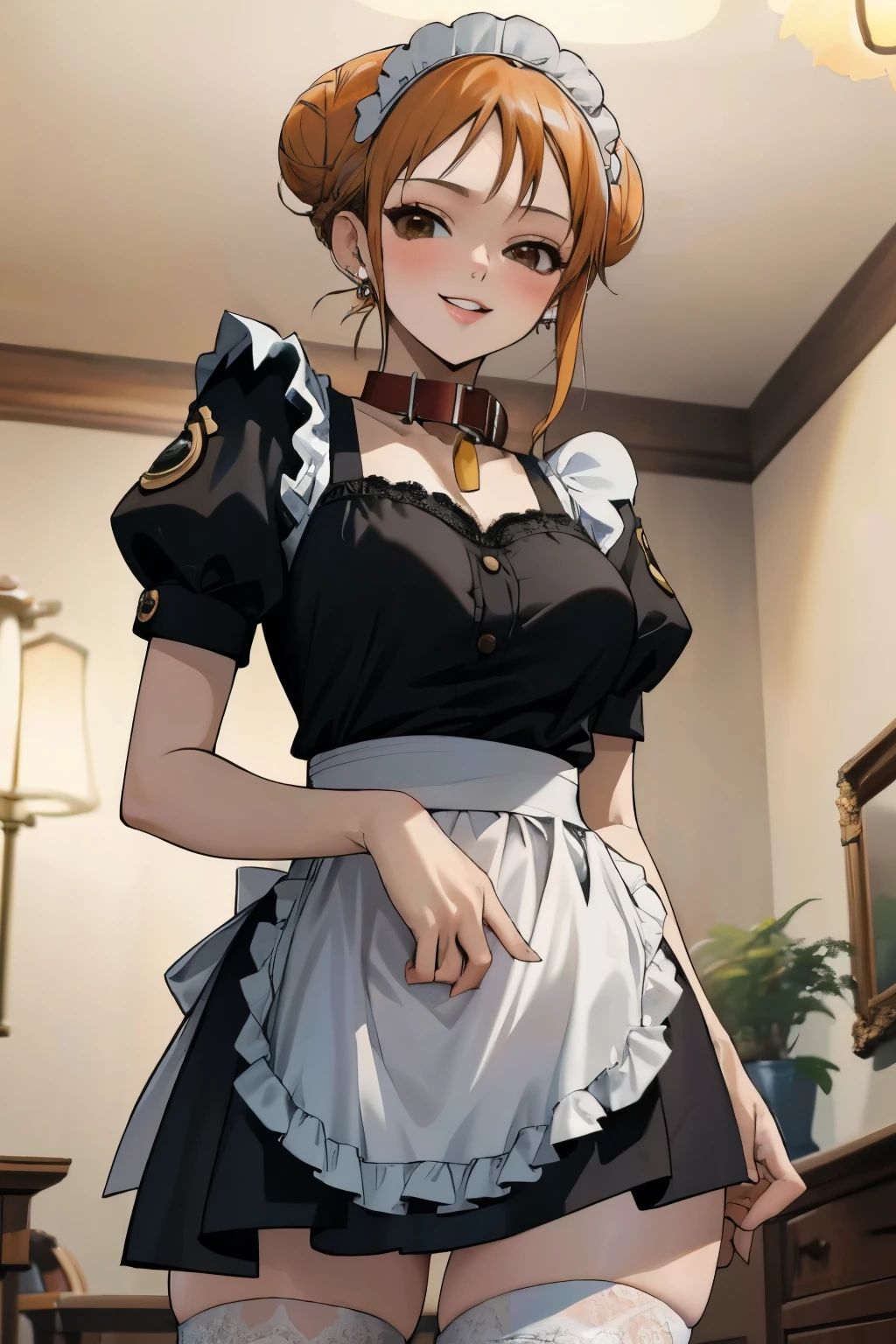 masterpiece, best quality, ultra-detailed, 1girl (namiop, Big and pretty breasts, jewelry, earrings, dog collar, orange hair, hair bun, single hair bun, brown eyes), a seductive face, smile, makeup, glow lips, facing viewer, looking at viewer, solo, maid(black), frill, apron, maid headdress, white lace thighhighs, mini skirt, wanostyle, night time, in the livingroom, standing, Sexy waist teasing, from_below 