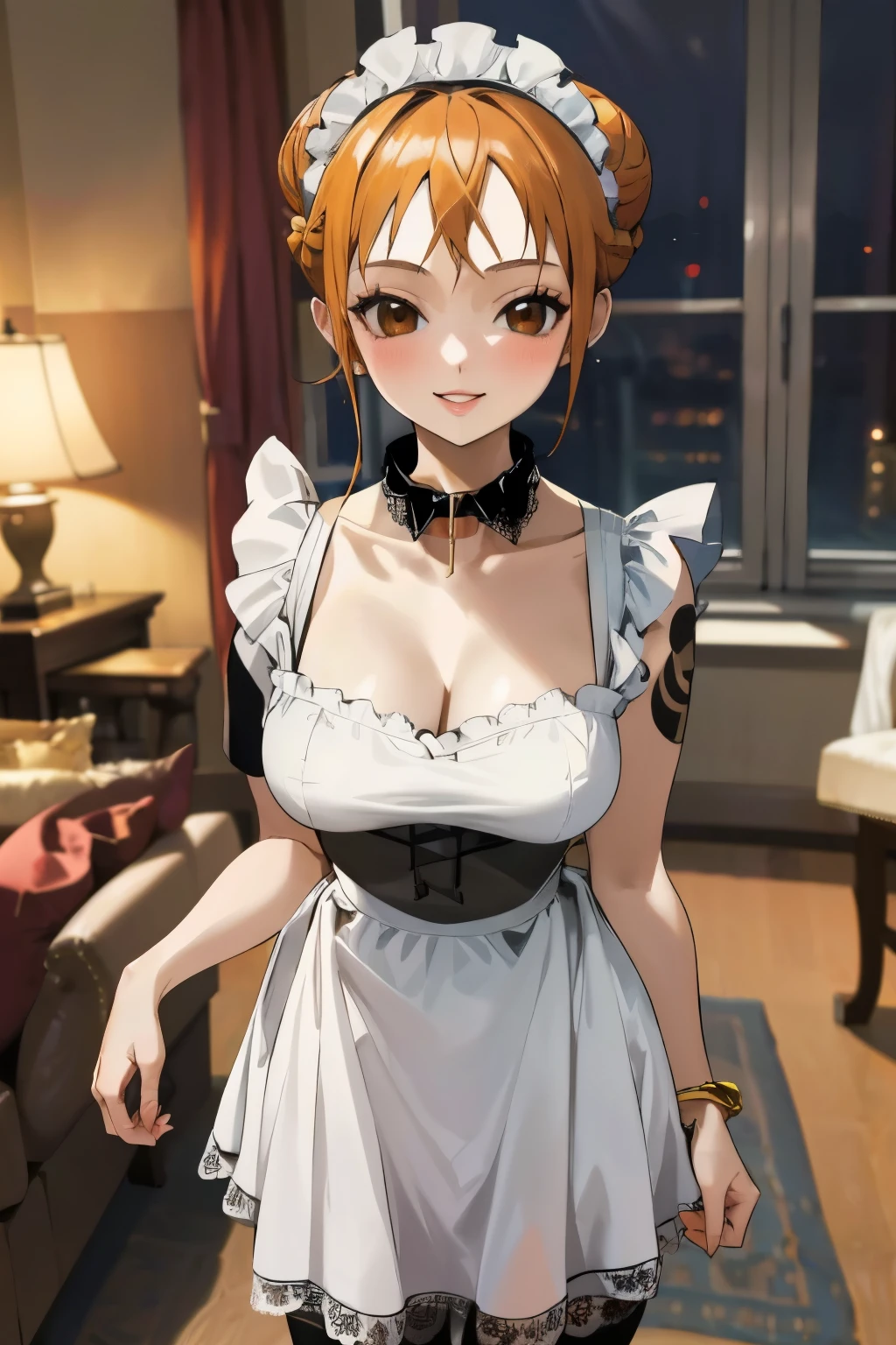 masterpiece, best quality, ultra-detailed, 1girl (namiop, Big and pretty breasts, jewelry, earrings, dog collar, orange hair, hair bun, single hair bun, brown eyes), smile, makeup, glow lips, facing viewer, looking at viewer, solo, maid(black), frill, apron, maid headdress, white lace thighhighs, mini skirt, wanostyle, night time, in the livingroom, standing, 