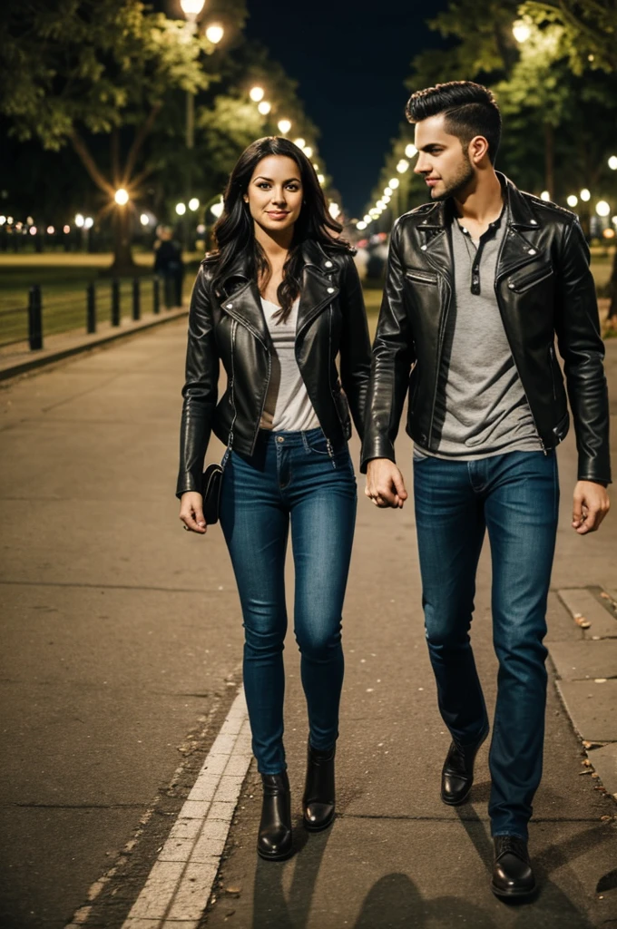 Man and woman walk side by side at night in a park. They wear rocker or leather and jeans