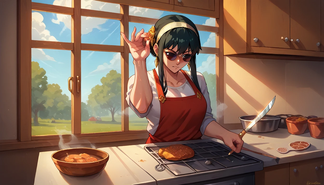 score_9, score_8_up, source_anime, saltbaememe, salt, sunglasses, kitchen, kitchen knife, flesh, 1girl, yor briar, casual, rotten flesh, steam,