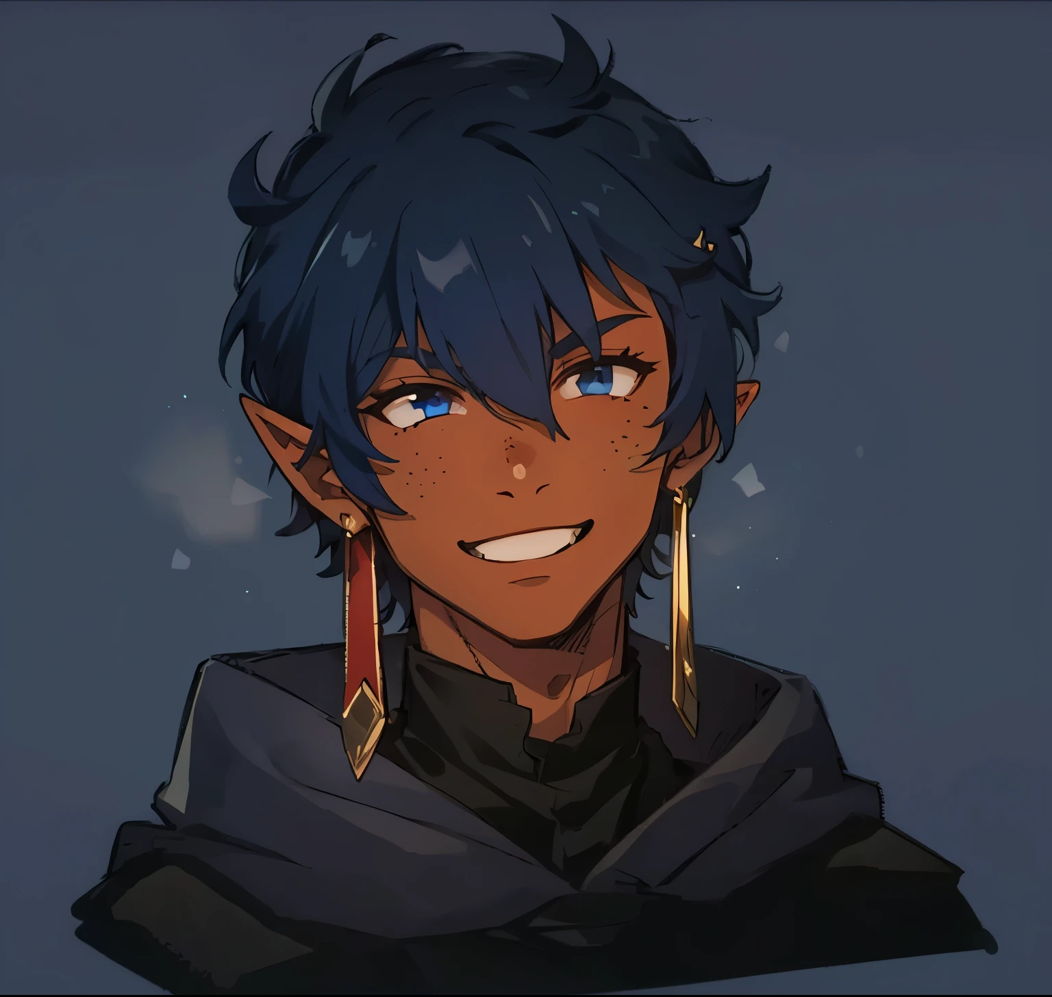 Masterpiece, Best Quality Ultra-Detailed, 1boy, black skin, tanned skin, dark skin, elf, black, dark blue hair, dark hair, short hair, very short hair, fluffy hair, dark blue eyes, black eyes, red bandana, freckles, golden earing, long earing, black social shirt, dark gray cloak, smiling, looking to side, close-up shot