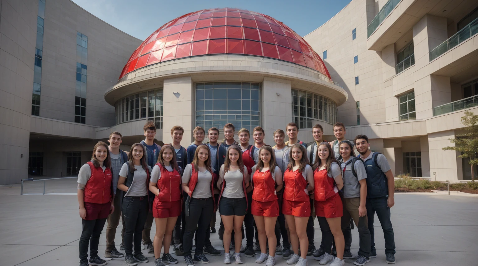 Make an outside, landscape oriented photo of dozens of college students from all over the world wearing red vests posing in front of their modern college library with dome, 4K ultra HD