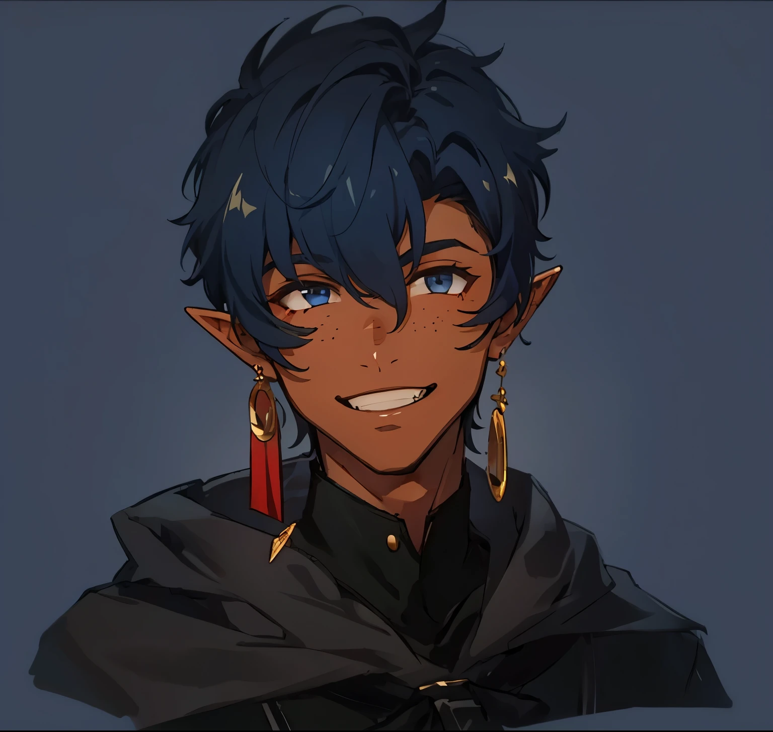 Masterpiece, Best Quality Ultra-Detailed, 1boy, black skin, tanned skin, dark skin, elf, black, dark blue hair, dark hair, short hair, very short hair, fluffy hair, dark blue eyes, black eyes, red bandana, freckles, golden earing, long earing, black social shirt, dark gray cloak, smiling, looking to side, close-up shot