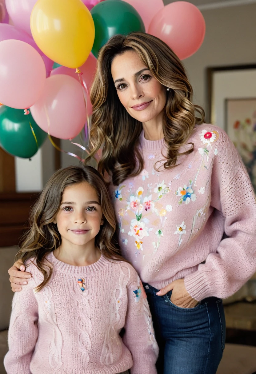 A warm photograph between a 45-year-old brunette woman with medium and sagging breasts, beautiful wavy brown hair next to her -yeld dater. Her mother, very serious, is wearing a luxury dark green Carolina Herrera sweater and navy blue jeans. She is standing next to her daughter, who is smiling and wearing a pink Cardine sweater with printed flowers. Her almond eyes shine with joy as they look at each other.
The background is a lively children's party, full of colorful balloons and playful clowns.