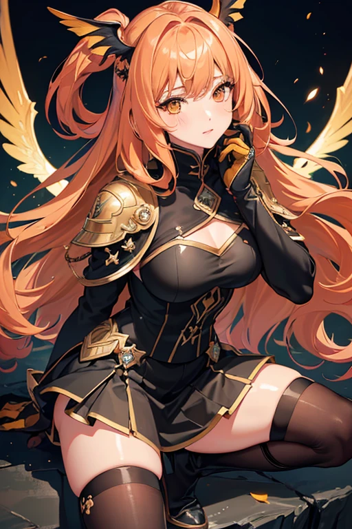 (ultra realistic,32k, work of art:1.2),(highly detailed skin:1.1),( high qualiy:1.1),
Dark Bloom,full-face blush, hair orange, pretty long hair, yellow  eyes, booties, Black Skirt, mitts, black jersey, wings, Glossy clothing, thicc thighs, stormcaller&#39;s perch, thunderous sky, lightning strikes, storm conjurers perch, nblurry background,, (Huge breasted,large breasted:1.1),(gazing at viewer, portraite:1.1),(volumetric lighting:1.1),