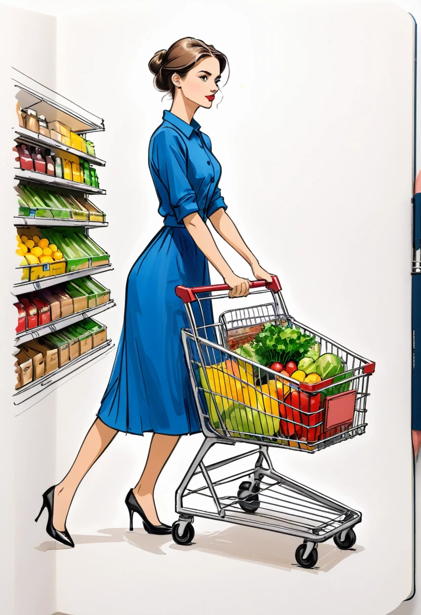 30-second draft, on a white page of a sketchbook, of a young elegant woman pushing a supermarket cart, few colors and no bacground