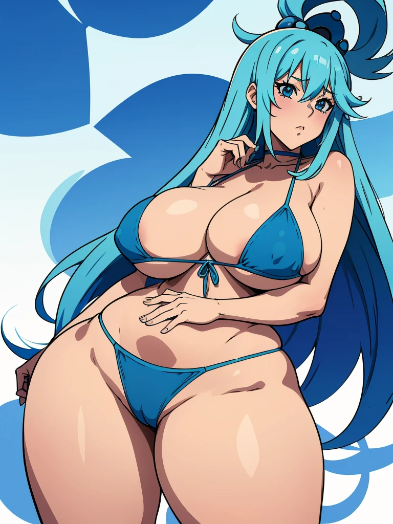 anime style ecchi, 1 girl, Aqua Konosuba,sexy pose, thick thighs, buffer, buttocks, huge breasts, (blue micro bikini:1.4), White background