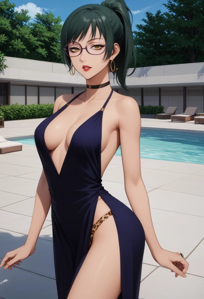 score_9_up, score_8_up, score_7_up, 1girl, solo, mature female, Maki, green ponytail hair, yellow eyes, glasses, red lips, parted lips, fit slim body, perfect medium erected breast,(((highly detailed eyes))), (((dark blue evening dress with plunging neckline, golden earrings, golden rings, black choker with shining rhinestones))), (((white modern villa with panoramic windows, pool, sunset))), outdoors, looking at the viewer, perfect model body, (((pulled up her dress and showing her ass and leopard thong under her dress))), (((from behind)))(((ass look)))