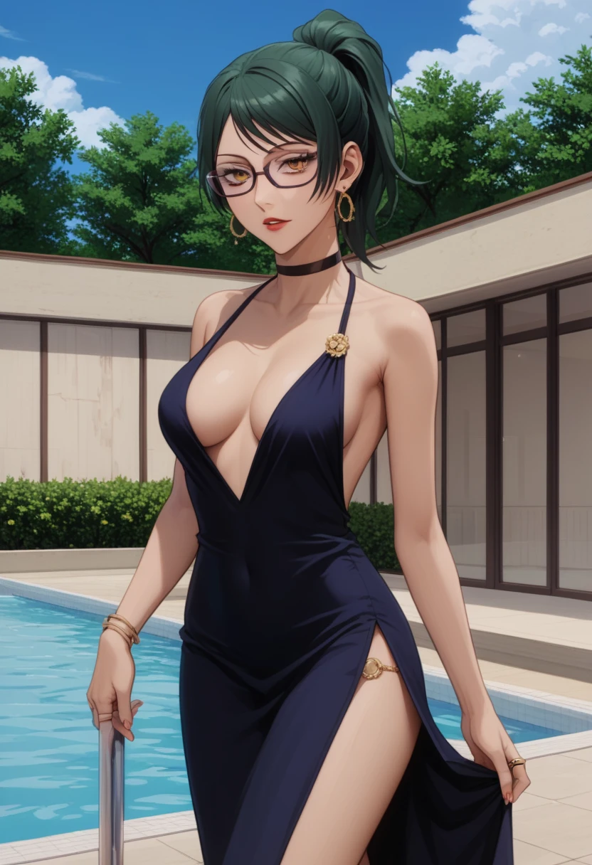 score_9_up, score_8_up, score_7_up, 1girl, solo, female, Maki, green ponytail hair, yellow eyes, glasses, red lips, parted lips, fit slim body, perfect medium erecteast,(((hdetailed eyes))), (((dark blue evening dress with plunging neckline, golden earrings, golden rings, black choker with shining rhinestones))), (((white modern villa with panoramic windows, pool, sunset))), outdoors, looking at the viewer, perfect model body, (((pulled up her dress and showing her ass and leopard tg under her dress))), (((from behind)))(((ass look)))