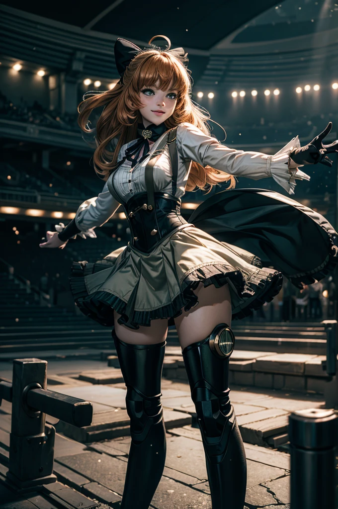 cowboy shot, (dynamic pose), smile,  underbust, Penny Polendina, long hair, neck ribbon, suspender skirt, corset, black bow, white blouse, mechanical legs, neon trim, standing, in planetarium, spectators, crowd, BREAK night, stars, moon, snow, BREAK  (volumetric lighting), intricate details, tonemapping, sharp focus, hyper detailed

