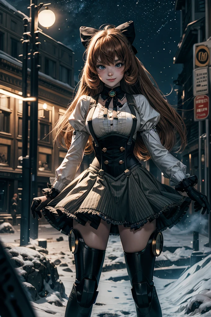 cowboy shot, (dynamic pose), smile, underbust, Penny Polendina, long hair, neck ribbon, suspender skirt, corset, black bow, white blouse, mechanical legs, neon trim, standing, in planetarium, spectators, crowd, BREAK night, stars, moon, snow, BREAK (volumetric lighting), intricate details, tonemapping, sharp focus, hyper detailed
