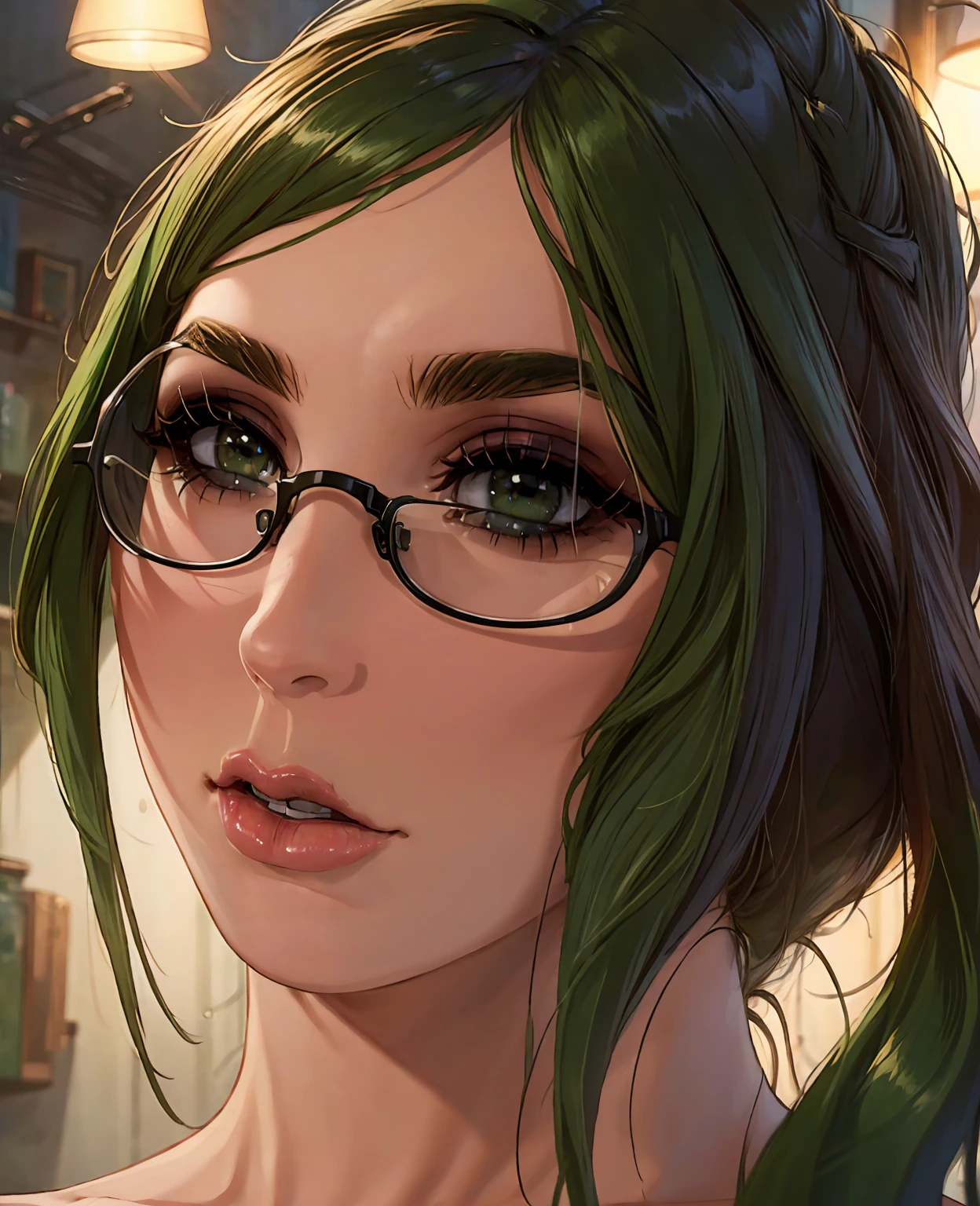 1girl, glasses, green hair, beautiful detailed eyes, beautiful detailed lips, extremely detailed face, long eyelashes, sexy woman, sensual pose, (best quality,4k,8k,highres,masterpiece:1.2),ultra-detailed,(realistic,photorealistic,photo-realistic:1.37),studio lighting,ultra-fine painting,sharp focus,physically-based rendering,extreme detail description,professional,vivid colors,bokeh,portrait