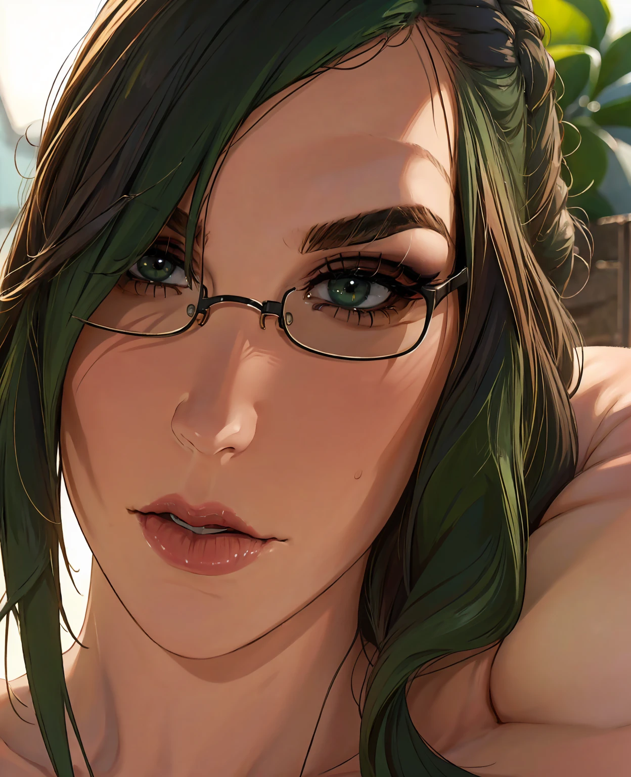 1girl, glasses, green hair, beautiful detailed eyes, beautiful detailed lips, extremely detailed face, long eyelashes, sexy woman, sensual pose, (best quality,4k,8k,highres,masterpiece:1.2),ultra-detailed,(realistic,photorealistic,photo-realistic:1.37),studio lighting,ultra-fine painting,sharp focus,physically-based rendering,extreme detail description,professional,vivid colors,bokeh,portrait