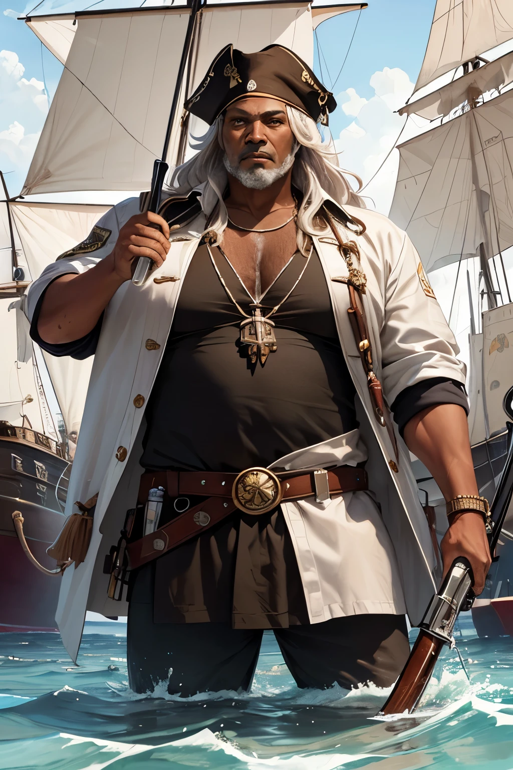 ((best quality)), ((masterpiece)), (detailed), pirate, ((dark skin)), white hair, brown eyes, age 70, big man, standing on pirate ship, white tunic, short sleeve, plumpy man, water background, long sword, pirate gun, drinking rum bottle, long hair, ((african)), pirate rifle
